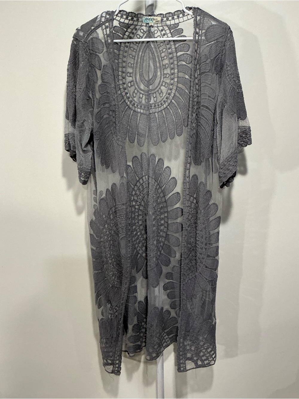 Rebellion Gray Sheer Embroidered Long Sleeve Kimono